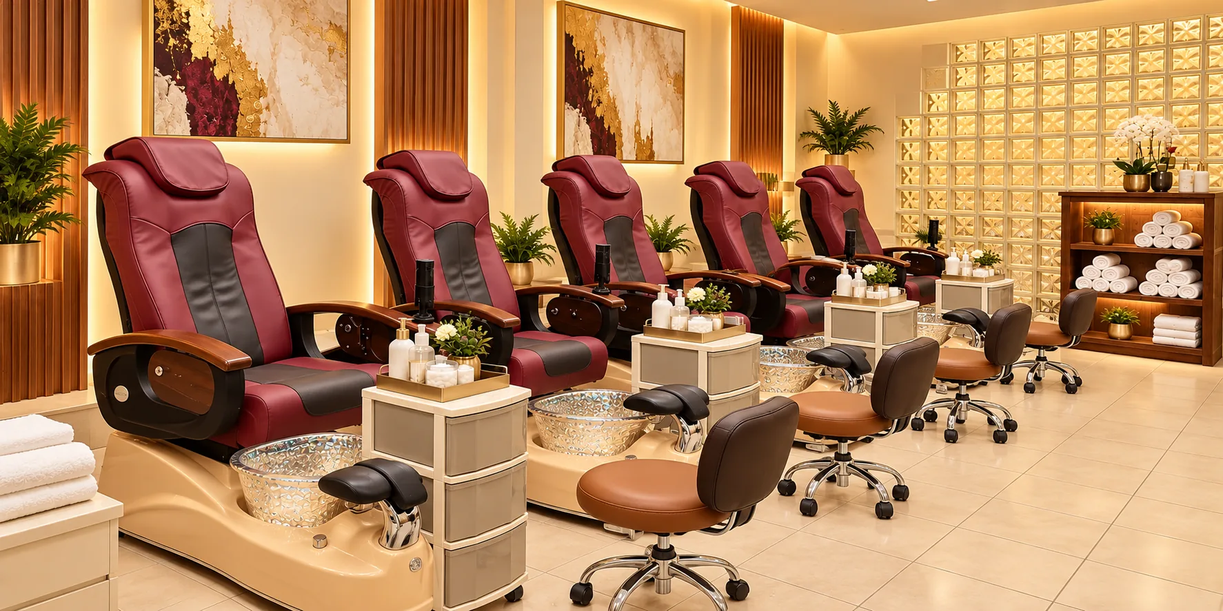 Wide visualization of Tulips pedicure seating and glass-block wall
